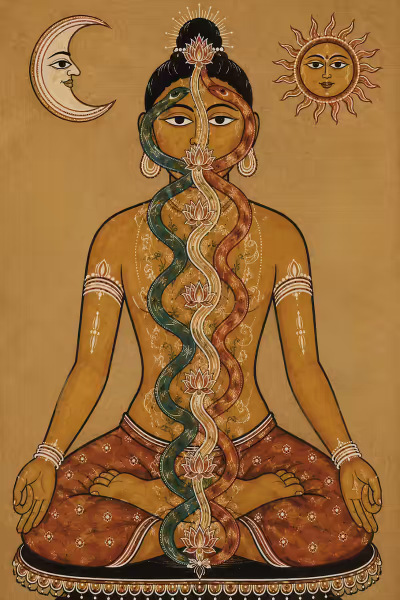 A meditating figure illustrating the inner alignment of the three nerve currents namely Ida, Pingala, and Sushumna, which is enhanced by chanting the Navarna mantra to provide untold health benefits.