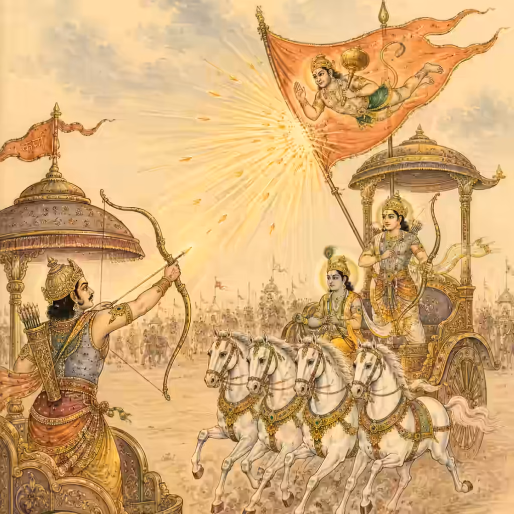A depiction of the Mahabharata battlefield showing Lord Hanuman present on the flag banner of Arjuna's chariot, protecting it and saving the devotee from deadly weapons and collapse.