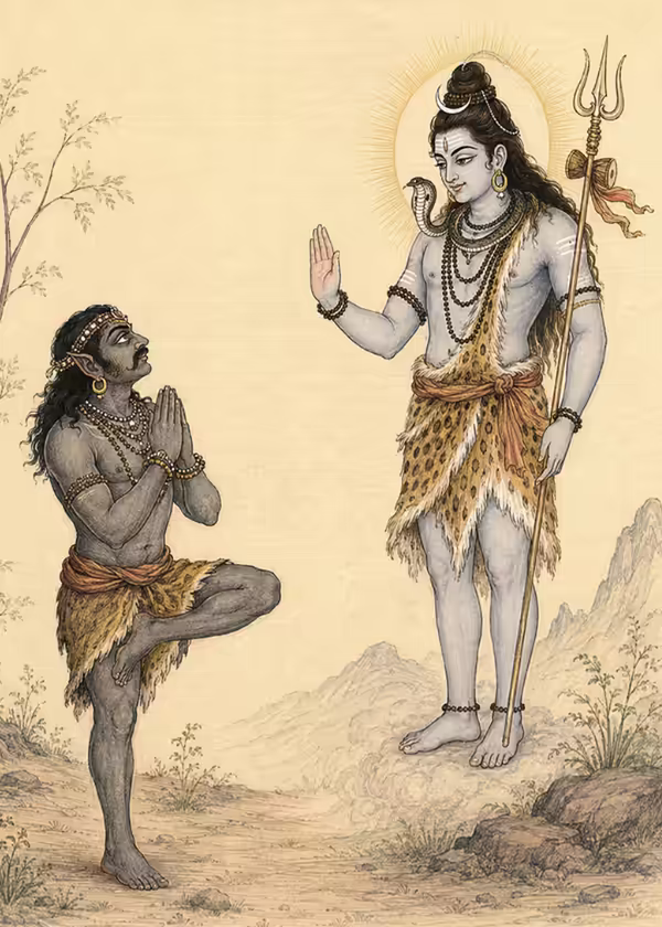 Lord Shiva holding a trident and raising His hand in a gesture of fearlessness to bless a kneeling devotee, embodying the Shiva tattva of protection, and complete detachment.