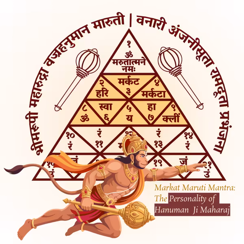 An illustration of Lord Hanuman flying with his golden mace, representing his total personality and infinite attractive potential over the fifth trapezium layer of the Maruti Yantra.