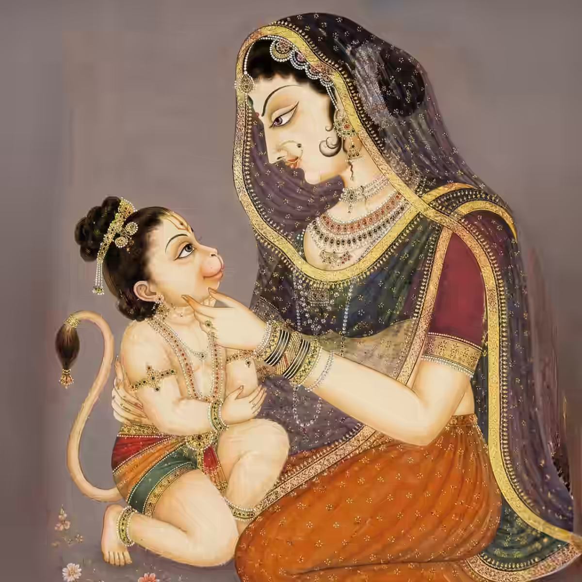 Devi Anjana affectionately holding and looking at her divine child, baby Hanuman, symbolizing His sacred birth as Anjanasunu.