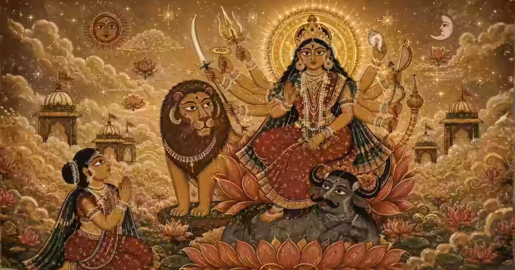 A grand depiction of the Divine Mother in her full energy receiving prayers from a devoted seeker, symbolizing how the Navarna Mantra cuts through illusions and takes the chanter closer to Devi's infinite grace.