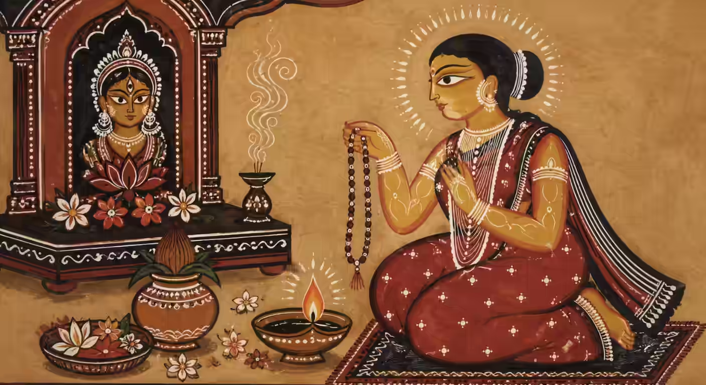 A dedicated sadhaka chanting the Navarna Mantra using a Lal Chandan Mala to create a protective spiritual shield around themselves and destroy negativity