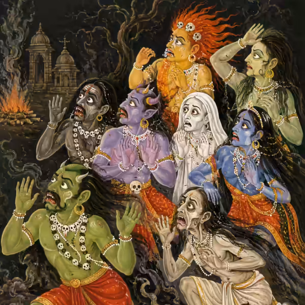 Ghosts, spirits, demons, and harmful forces trembling before the protective power of Sri Hanumanji Maharaj