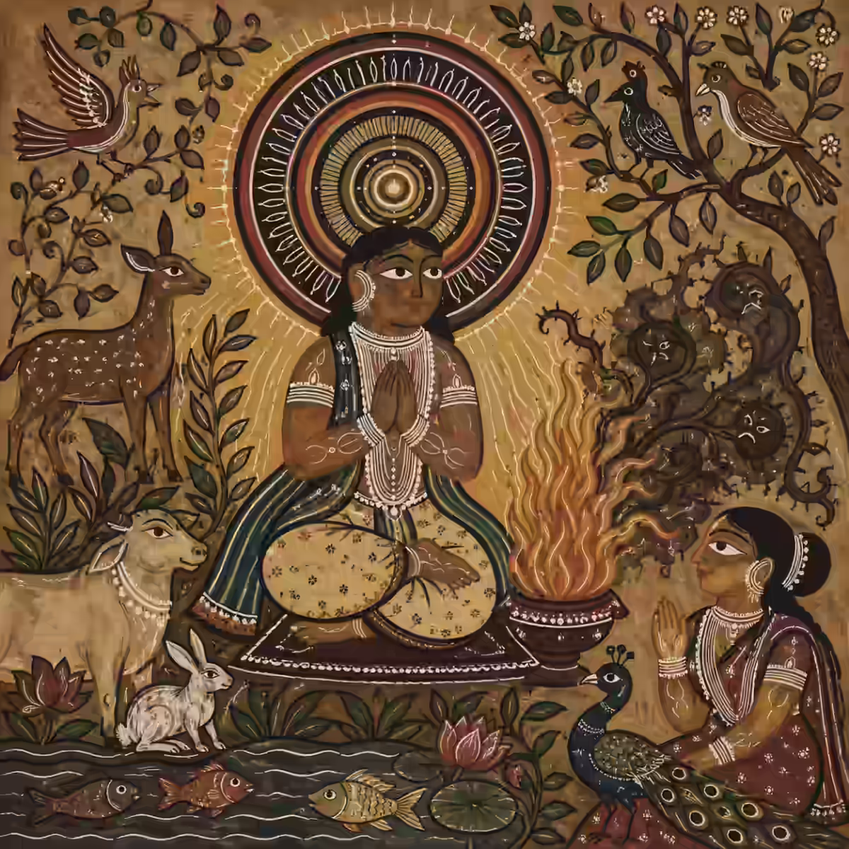 A meditating figure sitting peacefully among animals and nature, illustrating how the presence of Om in the Navarna Mantra integrates the personal mind with universal consciousness and aligns the chanter with Universal Will.