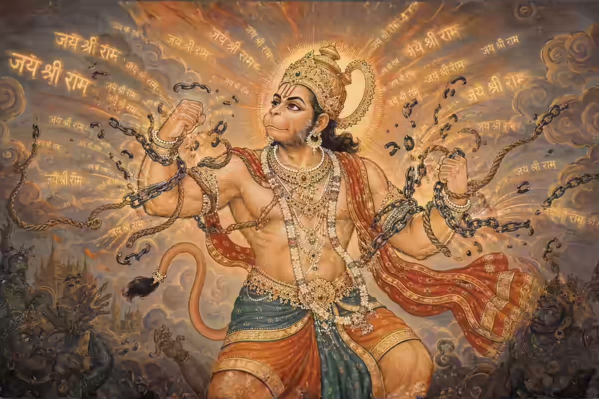 A dynamic illustration of a radiant Lord Hanuman breaking heavy metal chains, symbolizing the destruction of inner enemies and material indulgence through His divine grace.