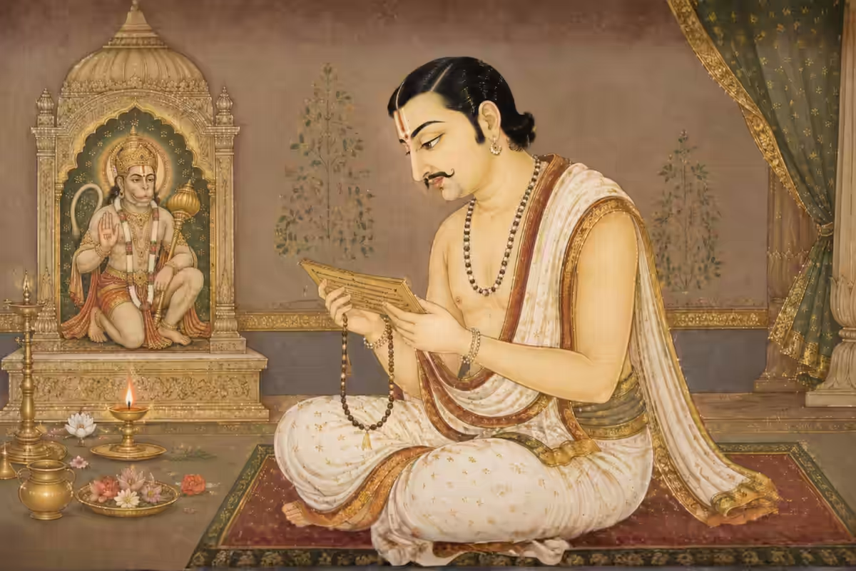 A devoted saint seated peacefully on a mat, chanting the Yantrodharaka Stotram from a sacred manuscript in front of a glowing Lord Hanuman shrine.