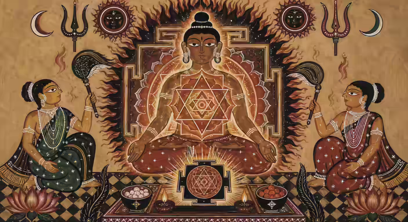 A representation of an advanced sadhaka who has undergone tremendous discipline and burned himself through the Navarna Mantra under a Guru, ultimately becoming the Yantra himself.