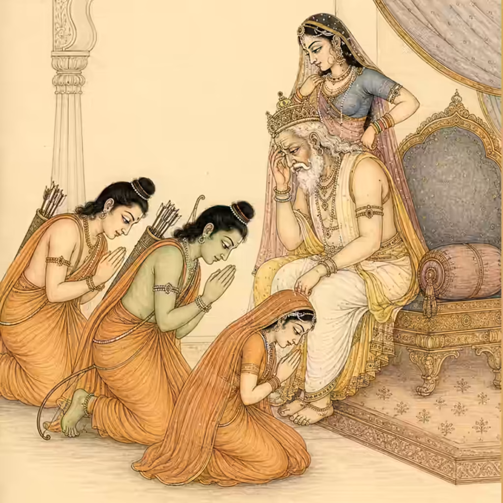 An illustration of Shri Rama, Lakshmana, and Sita Devi clad in simple forest attire bowing down in complete detachment and surrender before a grieving King Dasharatha, embodying the internal mood of Vairagya where the Lord makes no distinction between a palace and the forest.