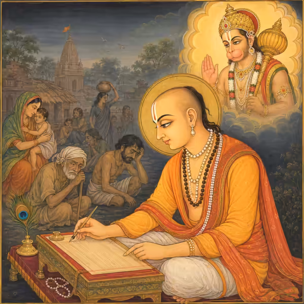 Sri Goswami Tulsidas Ji composing a powerful Hanuman prayer for suffering people with Sri Hanumanji Maharaj blessing from above