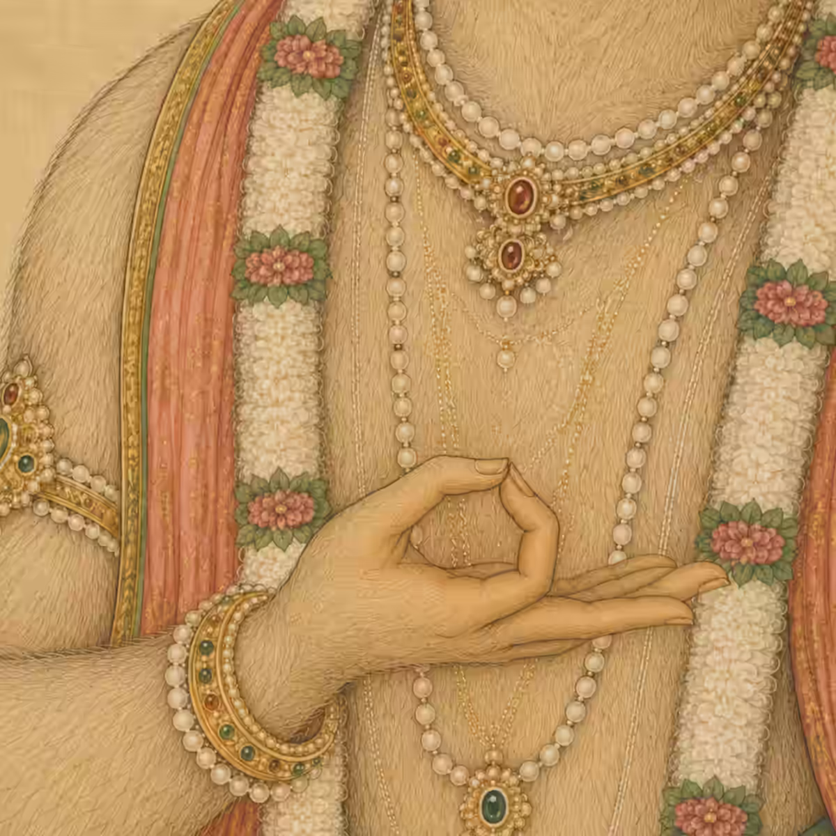 A detailed close-up of Lord Hanuman's right hand forming the sacred Vyakhyana Mudra, symbolizing the continuous flow of divine knowledge (Jnana). The deity is beautifully adorned with pearl necklaces, intricate jeweled bracelets, and fragrant floral garlands.