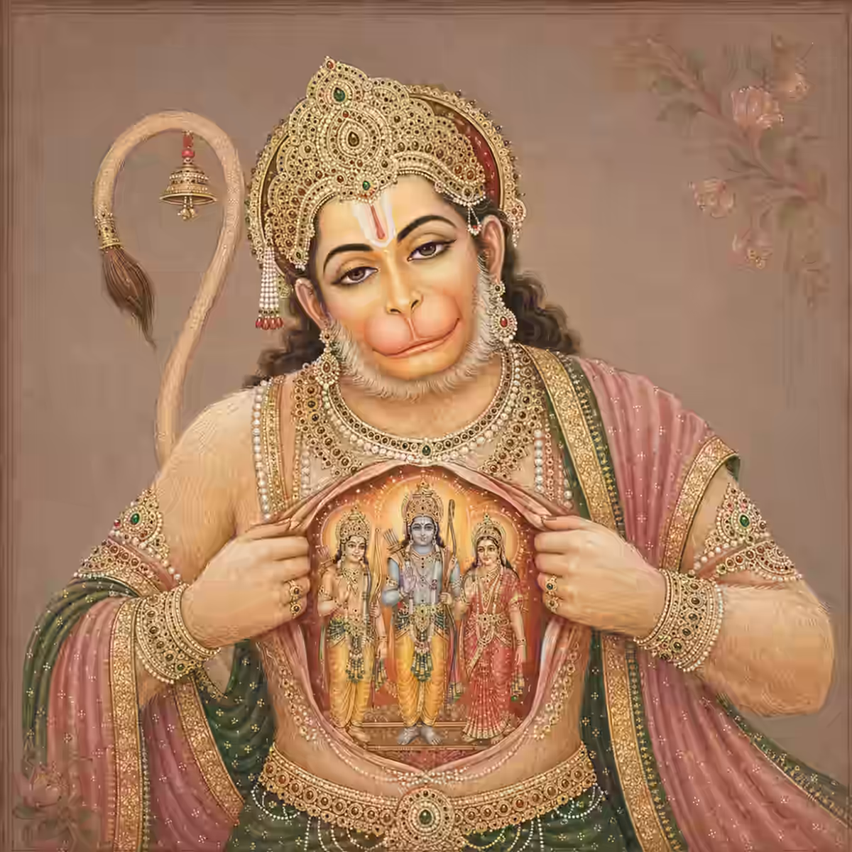 A stunning illustration of Lord Hanuman tearing open his chest to reveal the divine forms of Bhagawan Sri Rama, Mata Sita, and Lakshmana residing eternally in his heart.