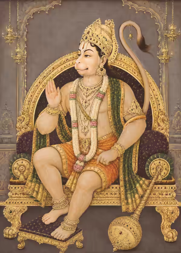 Lord Hanuman seated majestically in a meditative Padmasana posture, displaying the Vyakhyana Mudra, with His tail uniquely coiled to form a sovereign crown.