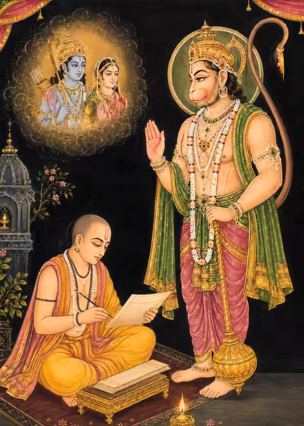 Sri Hanumanji Maharaj blessing Sri Goswami Tulsidas Ji as he writes with Lord Rama and Devi Sita appearing in divine vision