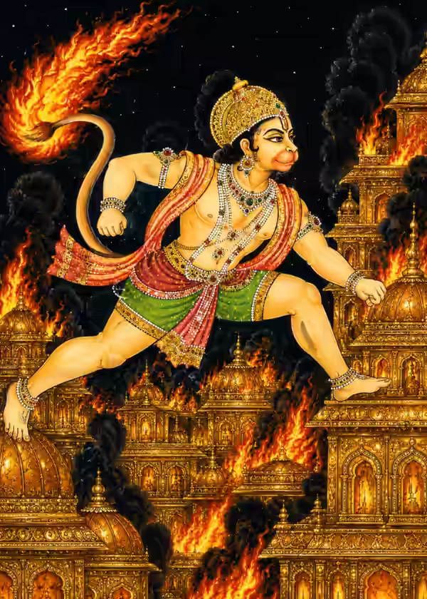 Sri Hanumanji Maharaj leaping across golden Lanka with His burning tail, showing the Bajrang Baan verse on Lanka burning