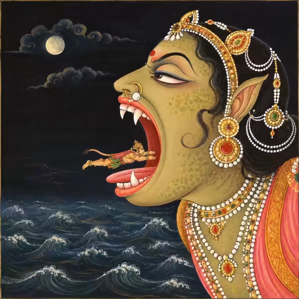 Sri Hanumanji Maharaj entering Surasa’s open mouth during His ocean journey to Lanka in the Bajrang Baan story