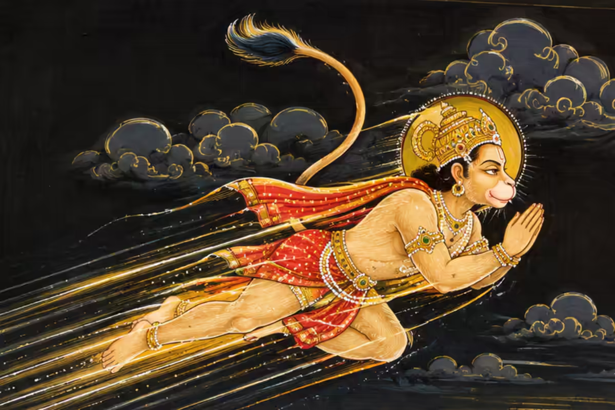 Sri Hanumanji Maharaj rushing through the sky in lightning-like speed