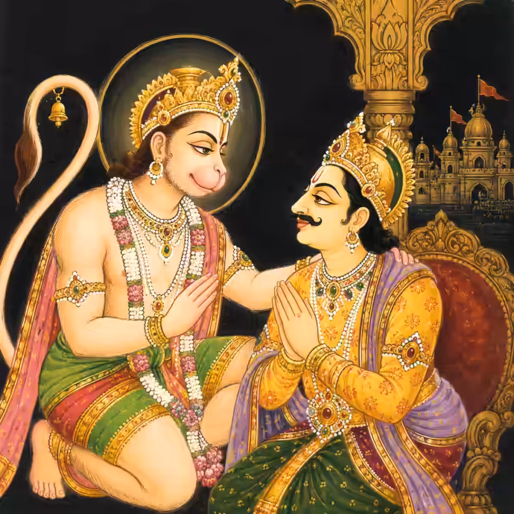 Sri Hanumanji Maharaj meeting Vibhishana in Lanka and giving him hope, comfort, and divine happiness
