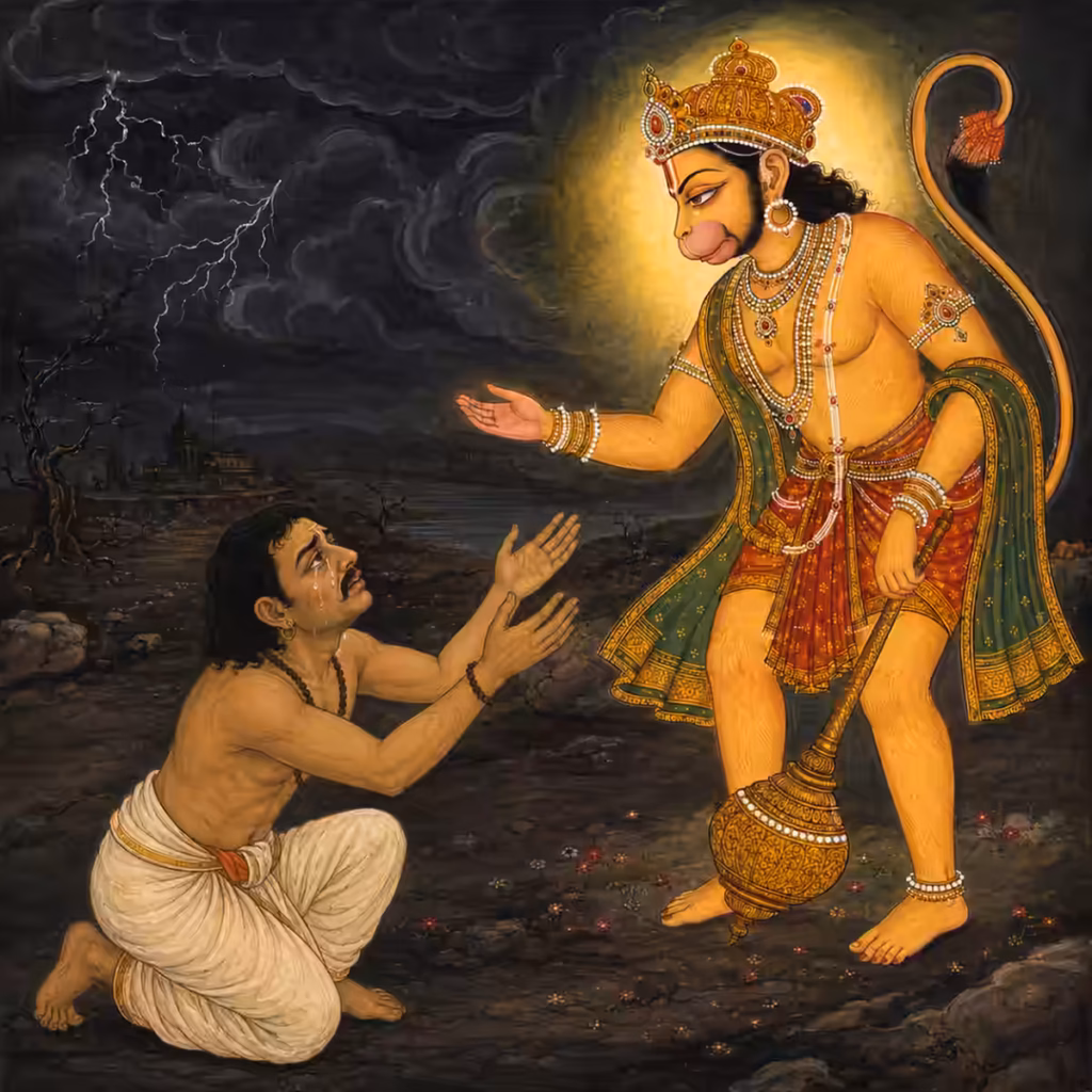 Sri Hanumanji Maharaj blessing a distressed devotee under a stormy sky, showing Bajrang Baan protection and relief from suffering
