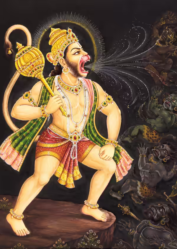 Sri Hanumanji Maharaj roaring with divine power as wicked spirits and harmful beings tremble before His protection