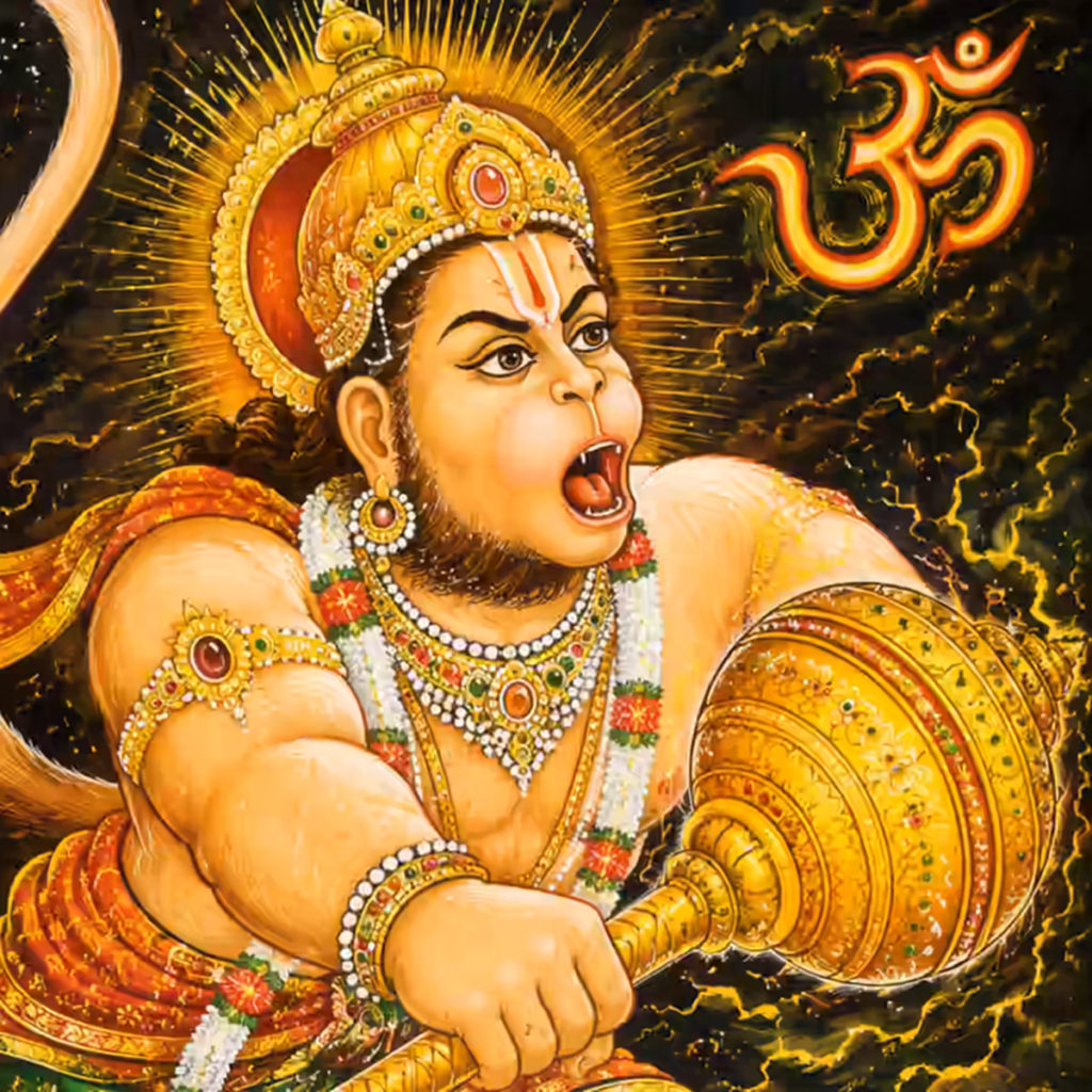 Close-up of Sri Hanumanji Maharaj roaring with divine force as Om appears in the stormy sky