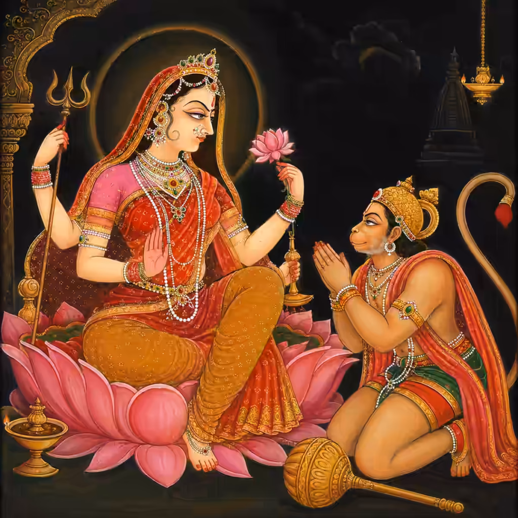 Sri Hanumanji Maharaj serving Bhagawati Devi Shakti as a powerful Tantra Devata with humility and devotion