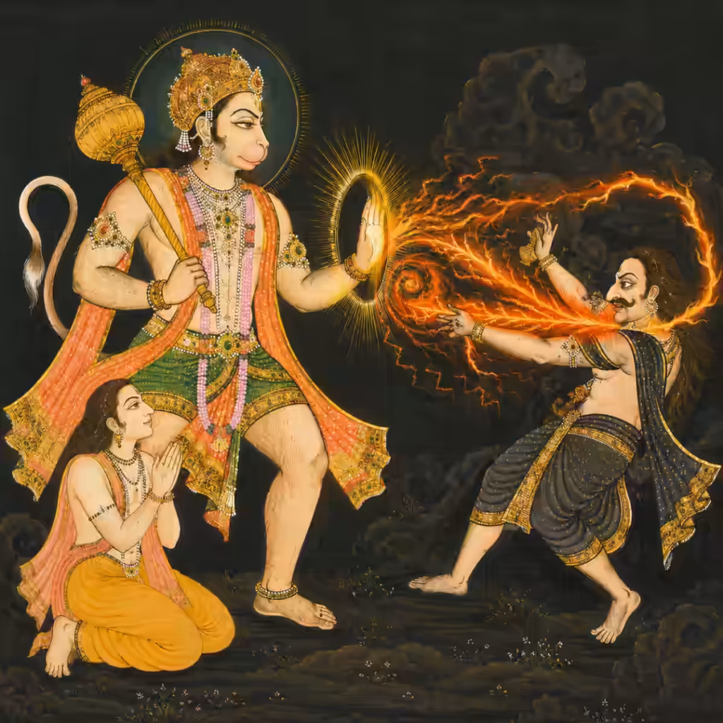 Sri Hanumanji Maharaj protecting a devotee from fiery harmful forces with His divine hand shield and golden gada
