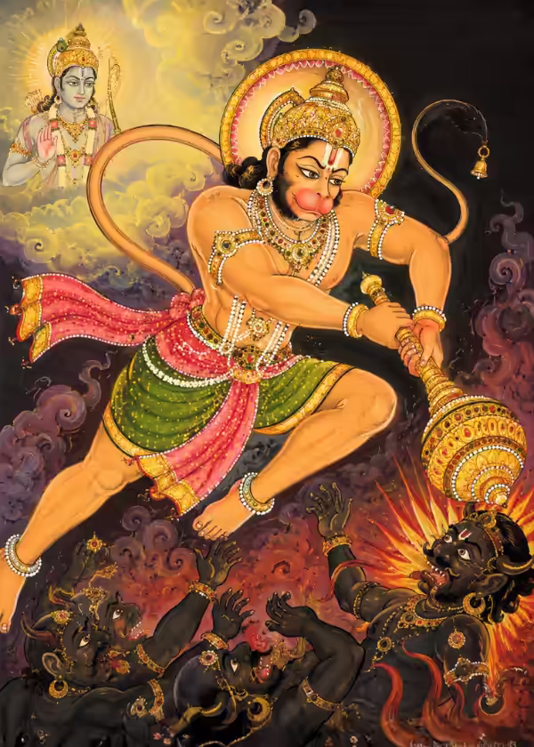Sri Hanumanji Maharaj using His golden gada to destroy demonic forces while Lord Rama blesses the scene from above