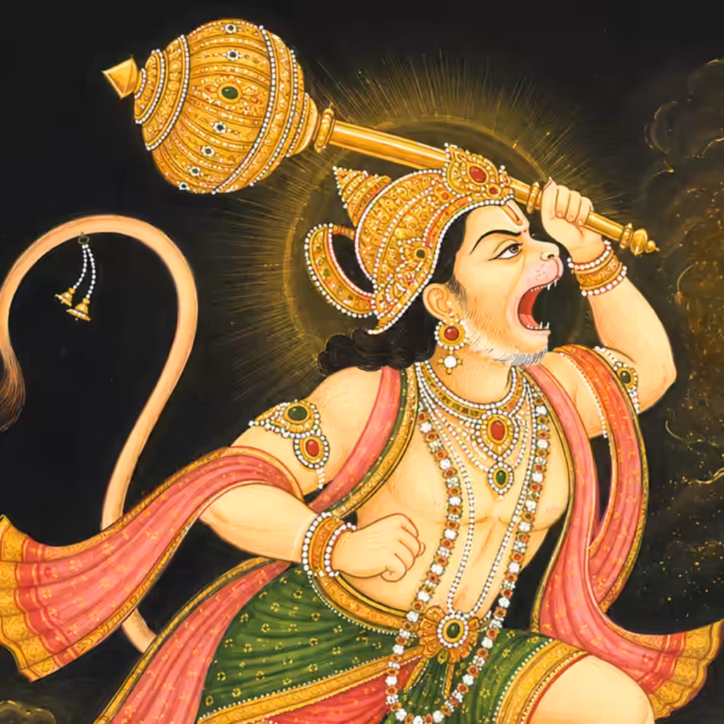 Sri Hanumanji Maharaj raising His golden gada in fierce protection mode during the Bajrang Baan invocation