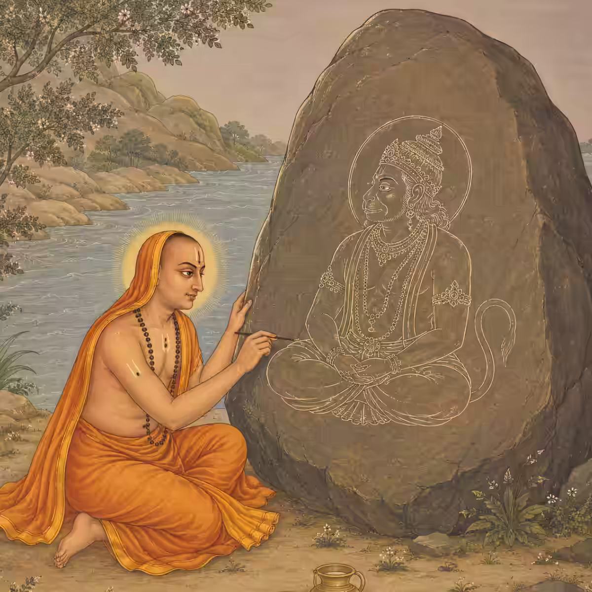 Guided by divine inspiration, Sri Vyasatirtha is shown carefully drawing the meditative image of the Vanara Lord Hanuman onto a large rock face beside the river.