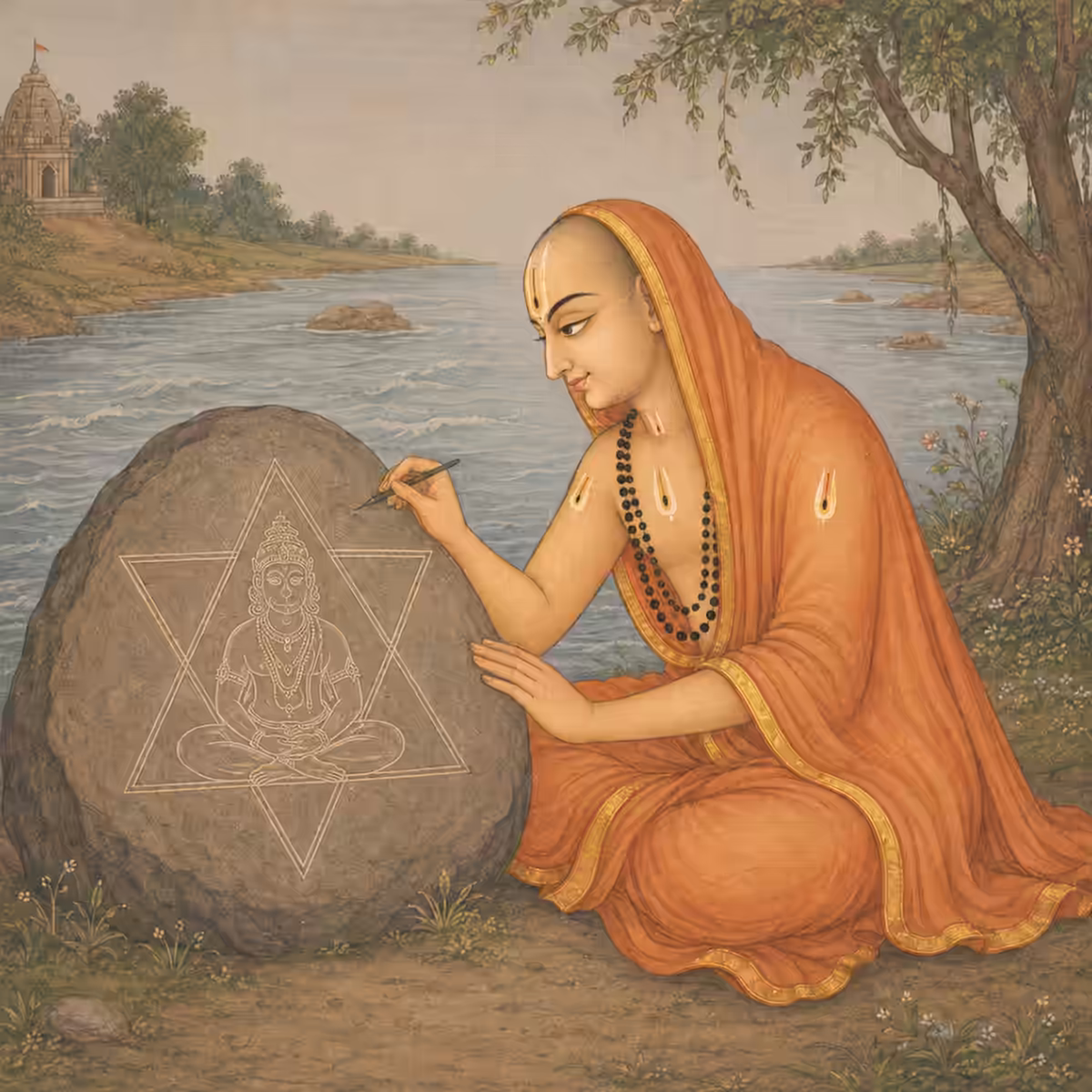 The great saint Sri Vyasatirtha drawing a six-pointed star, or Shatkona, around the meditative form of Lord Hanuman on a rock to successfully contain the divine image and manifest the Yantrodharaka Yantra.