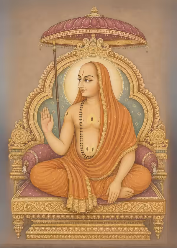 A detailed portrait of the great saint Sri Vyasatirtha seated in traditional saffron robes under a ceremonial umbrella.