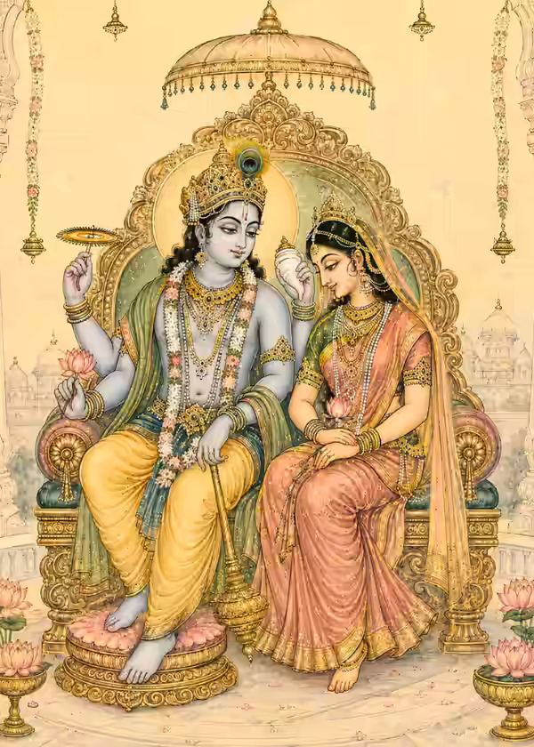 A visual depiction of a four-armed Lord Vishnu holding his sacred conch, mace, and discus while seated upon a grand golden throne alongside His divine consort Lakshmi Devi, beautifully illustrating the transcendental attributes of Aishwarya and Shri Guna amidst royal grandeur.