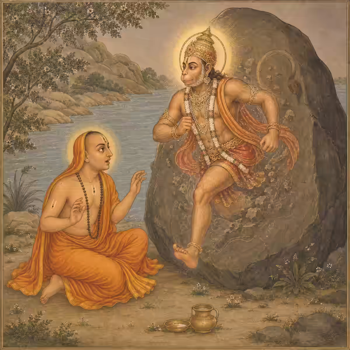Sri Vyasatirtha looks on in astonishment as a living Vanara miraculously leaps out of the drawing on the rock and runs away during his meditation.