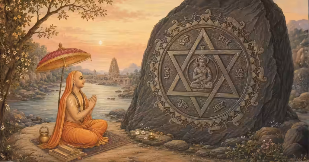 Sri Vyasatirtha meditating with folded hands in front of the fully manifested Yantrodharaka Hanuman Yantra, carved into a large rock by the serene Tungabhadra river at sunrise.
