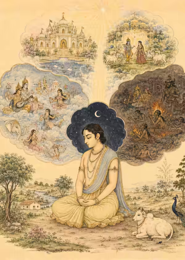A practitioner in deep meditation on the material plane representing the waking state, with thought clouds depicting the subtle realms of heaven and hell from the dream state, opening upward into the luminous spiritual abodes of Saket and Goloka Dham