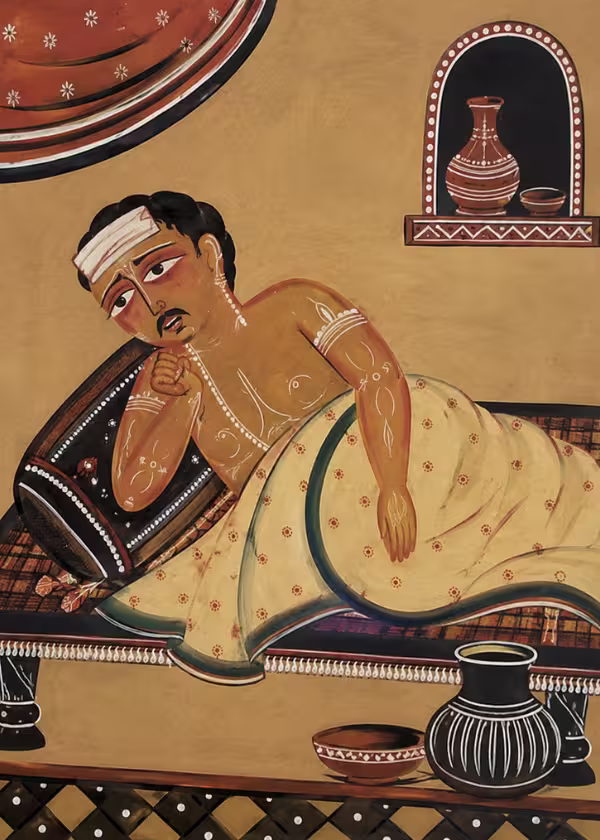 A depiction of a person experiencing a disturbed psychosomatic system, illustrating the consequences of reciting the heavily loaded Navarna Mantra without proper guidance and restrictions, which can block unprepared Nadis.