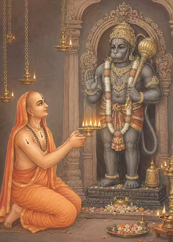 Sri Vyasatirtha deeply engrossed in devotion, offering Aarti with a glowing lamp to the magnificent idol of Lord Hanuman in a traditional temple setting.