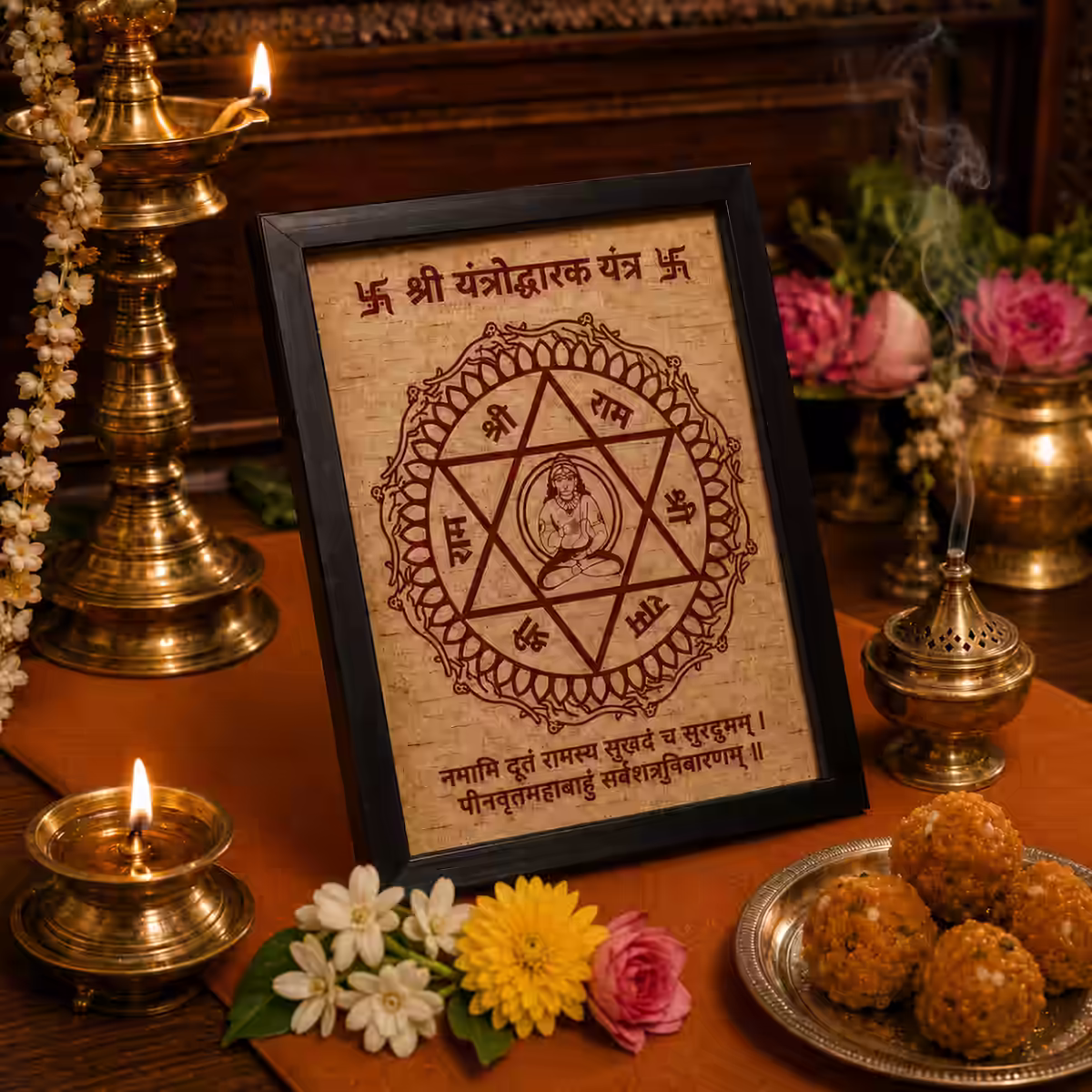 Guru-energized Yantrodharaka Sri Hanuman Yantra handmade on Bhojpatra with red vermillion, framed on a ritual altar with deepams, flowers, dhoop and laddoo offering.