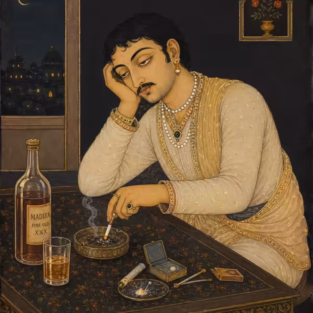 A person sitting with alcohol and cigarettes, illustrating the strict rule to abandon all intoxicants and nicotine to maintain conscious will during serious spiritual practice.