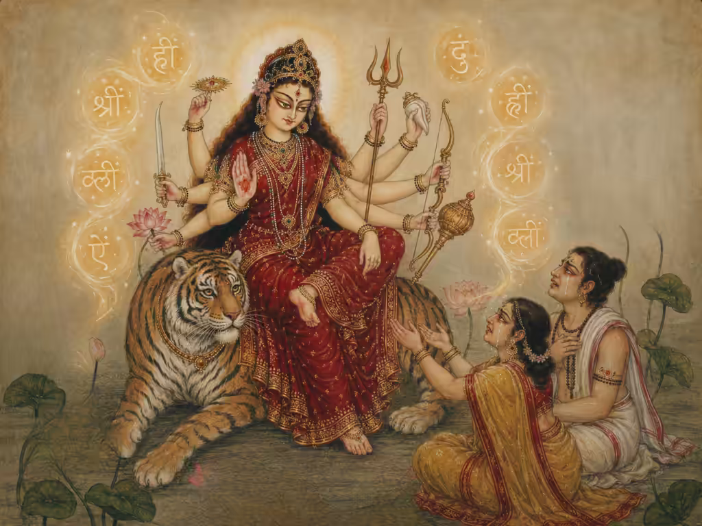 Distressed devotees pleading to Goddess Durga during challenging times, surrounded by glowing Beejaksharas. This illustrates seekers who feel called by Devi and attempt to practice powerful seed mantras but lack the necessary Guru guidance.
