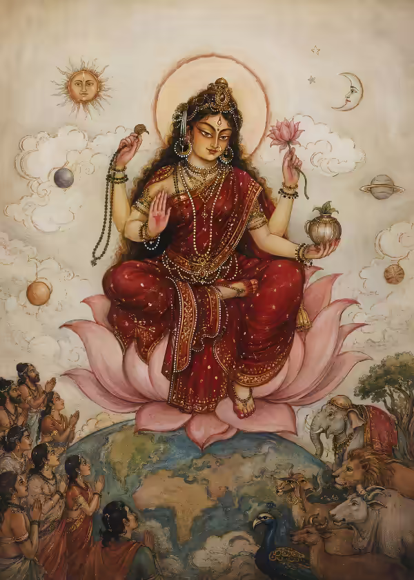 Goddess Bhuvaneshwari seated peacefully on a lotus hovering above the Earth, nurturing and sustaining all worldly life forms, representing the power of the Hreem Beeja.