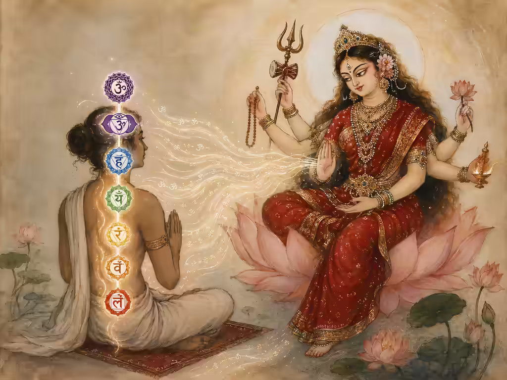 A meditating sadhaka with awakened chakras receiving divine sonic energy and mantra vibrations from the Mother Goddess, illustrating how Beejaksharas connect the chanter directly with Shakti.