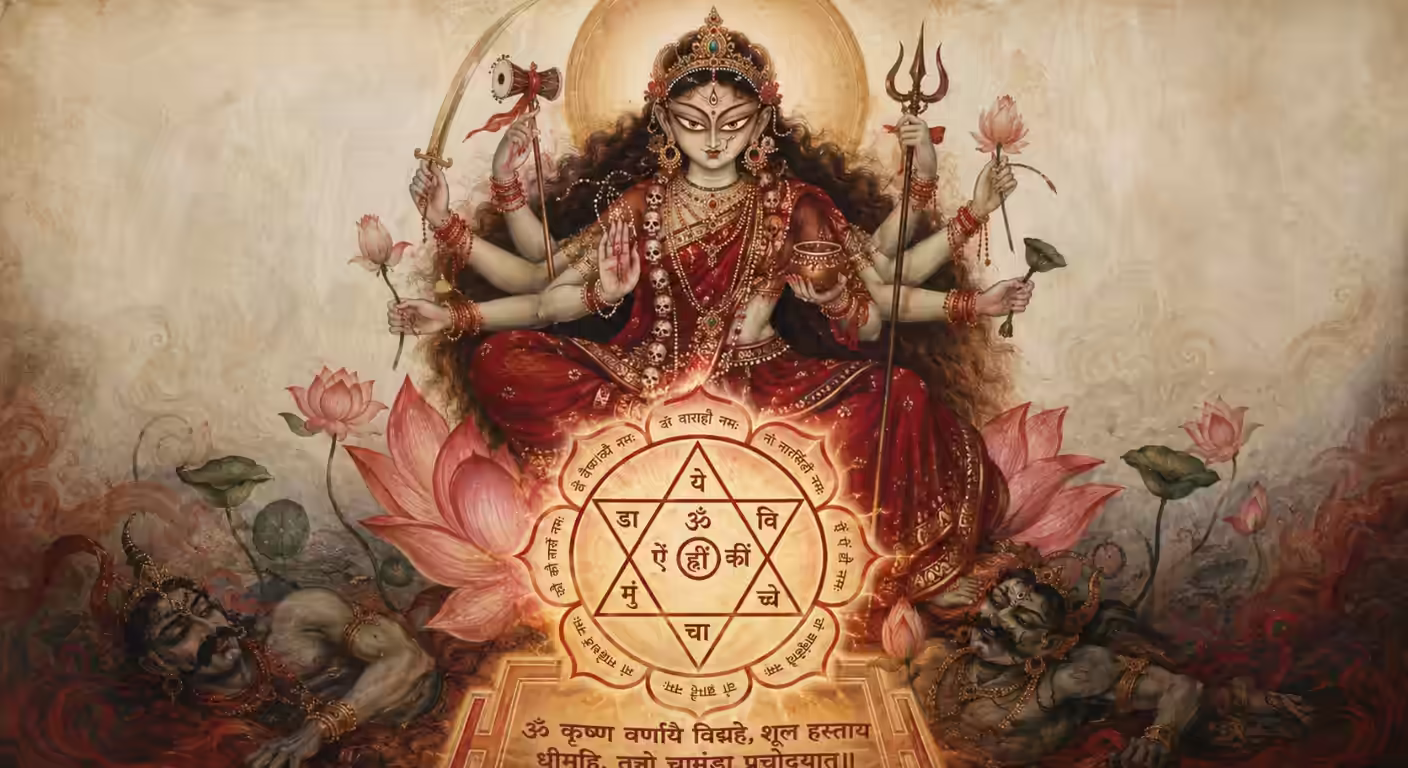 The fierce Goddess Chamunda seated above a sacred geometric Yantra containing the Navarna Mantra syllables, depicting the divine annihilation of the demons Chanda and Munda.