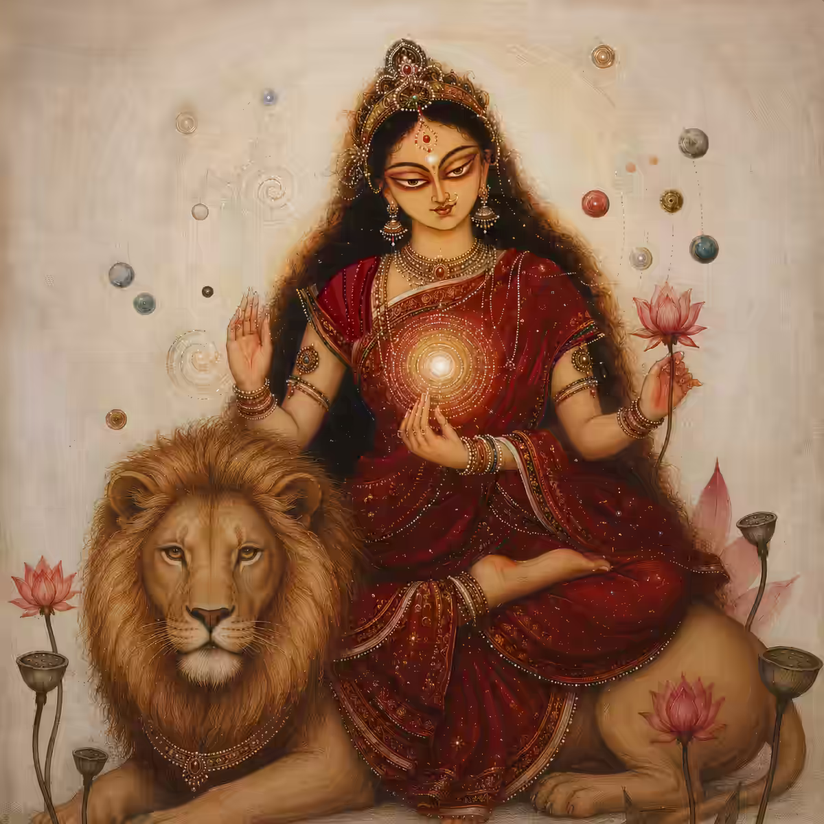 A radiant Goddess Durga seated on a lion, glowing with divine energy from her heart center, representing the protective energy invoked during simple Nama Mantra Sadhana.