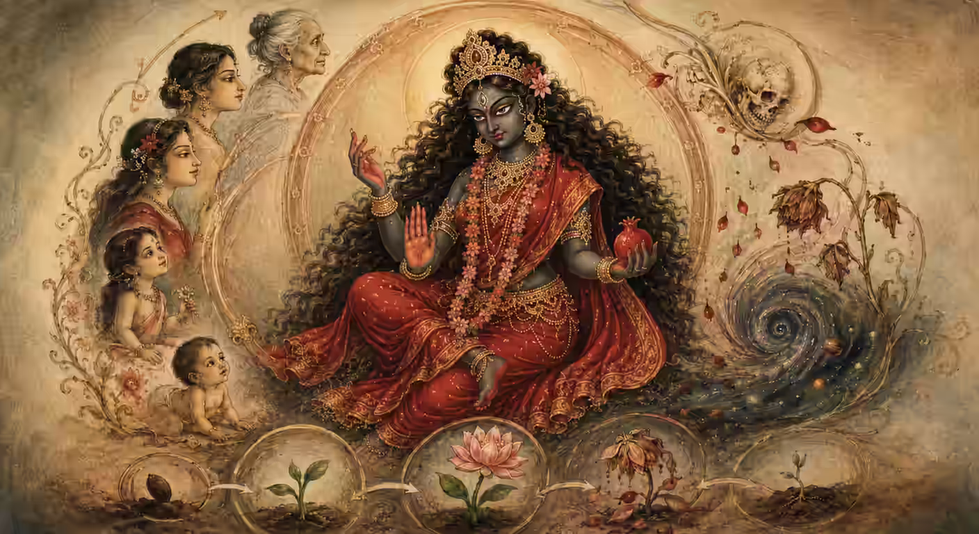 Goddess Kali holding a fruit, surrounded by visual representations of the human life cycle and the growth of nature, symbolizing the Kleem Beeja, time, decay, and renewal.