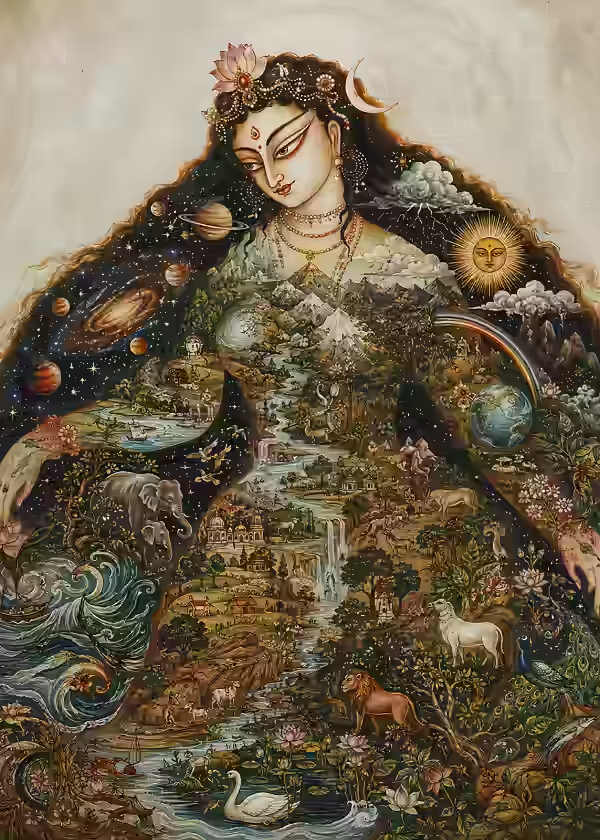 An artistic depiction of the Divine Mother portraying the entire universe, nature, and galaxies within Her body, symbolizing the Aim Beeja and the cosmic power of creation.