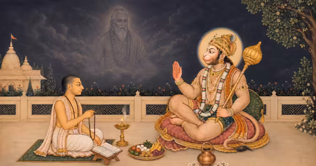 A devotee performing Sri Hanuman Sadhana with the spiritual presence of a Guru, reflecting the necessity of taking up a sadhana blessed by an authentic parampara tradition.