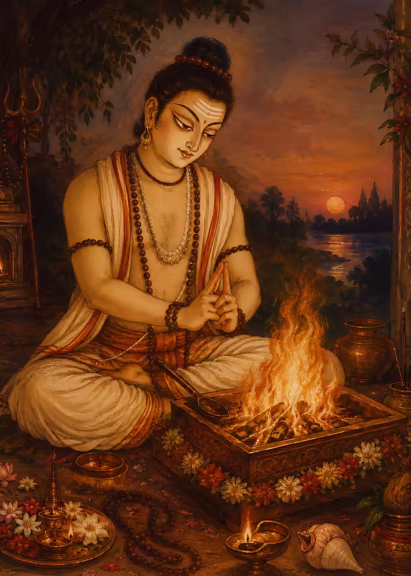 A traditional spiritual Guru sitting in deep meditation performing a fire sacrifice (Chandika Homa) to invoke the power of the Navarna Mantra.