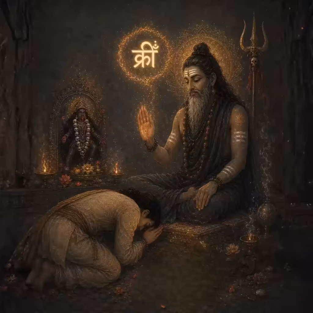 A humble disciple bowing in Guru Sharanagati before an experienced Guru, essential for safely navigating the rapid karmic effects of Kali mantra sadhana.